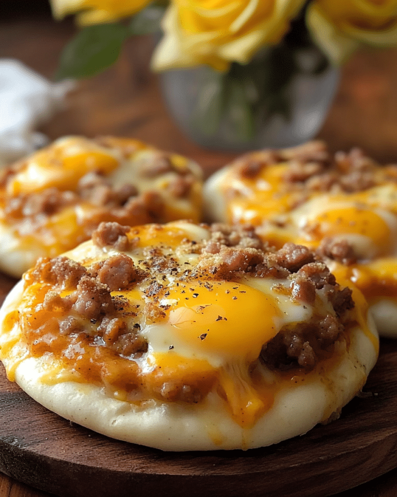 A close-up of an English Muffin Breakfast Pizza, showing the layers of toppings.