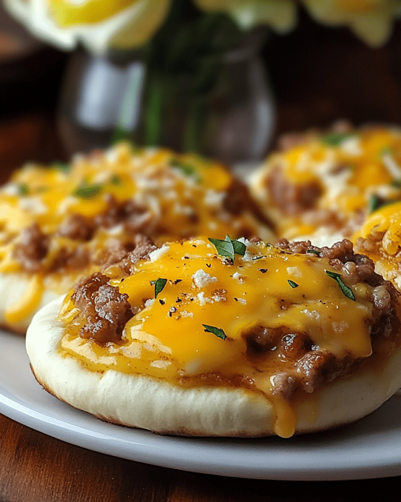 Ingredients for English Muffin Breakfast Pizzas, including English muffins, sausage, eggs, and cheese.