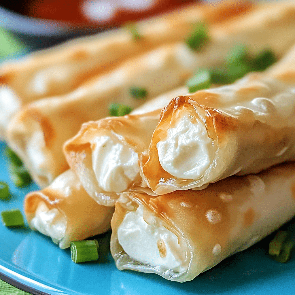 Ingredients for Cream Cheese Rangoon Rolls, including egg roll wrappers, cream cheese, and green onions.