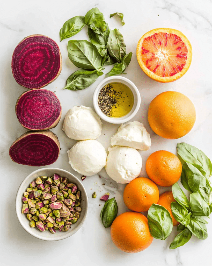Ingredients for Roasted Beet and Burrata Salad, including beets, burrata, and oranges.