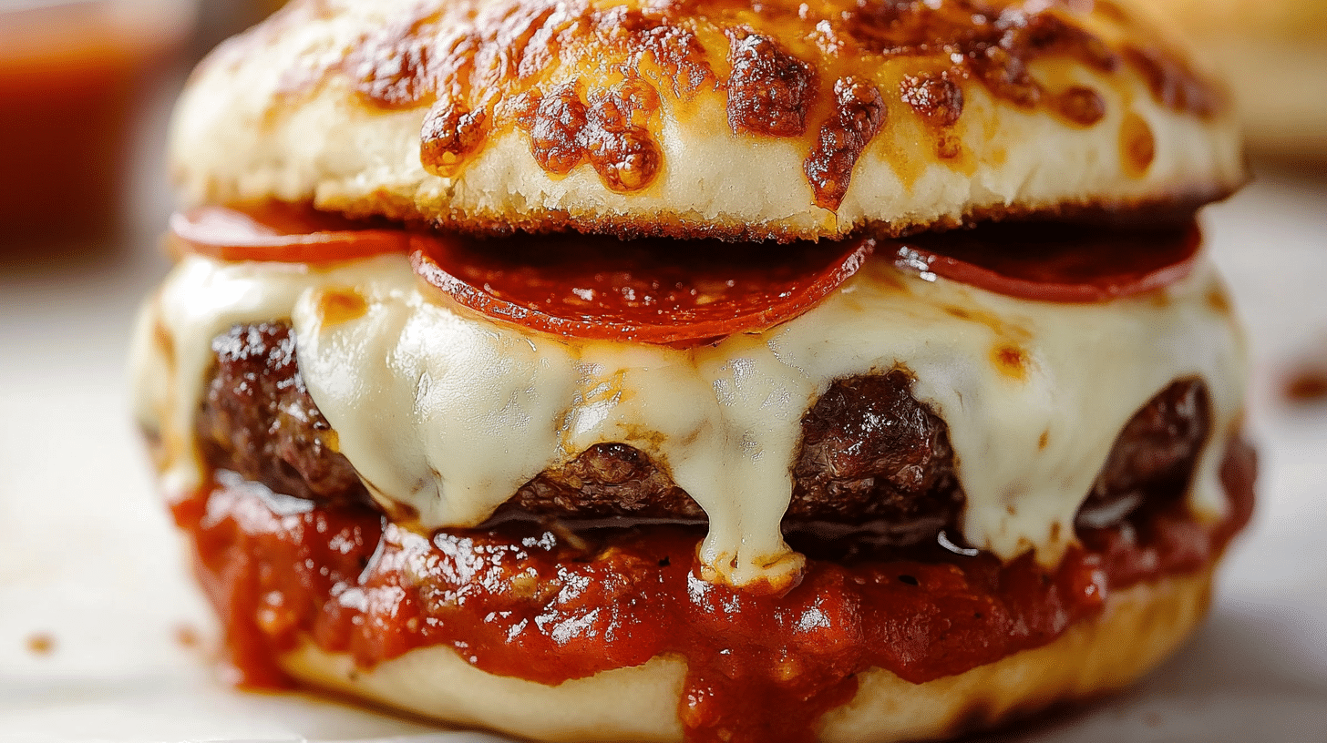 A juicy and delicious Pizza Burger with melted cheese and pepperoni.