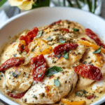 Creamy Garlic Pesto Chicken served over pasta, garnished with Parmesan cheese and basil.