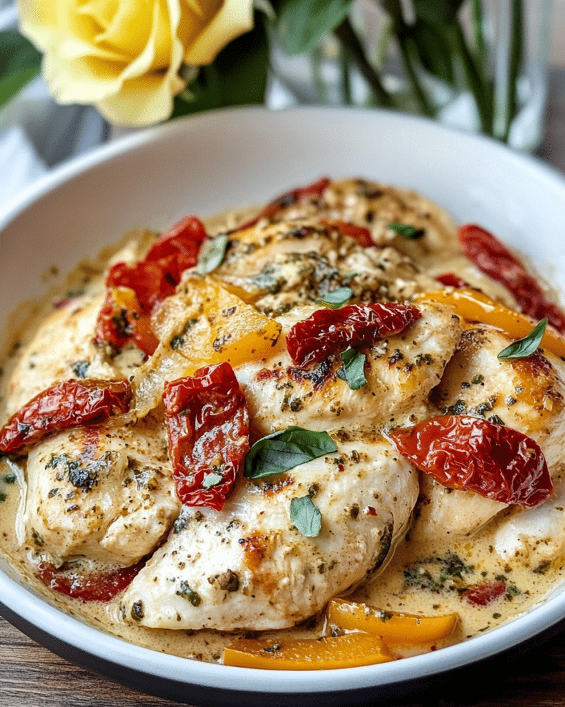 Creamy Garlic Pesto Chicken served over pasta, garnished with Parmesan cheese and basil.