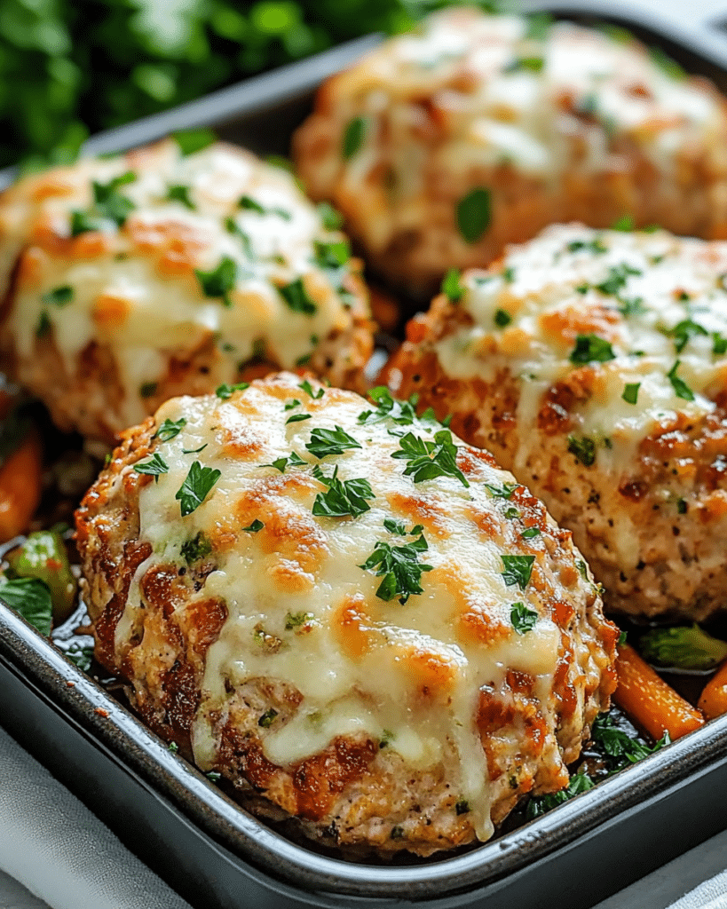 Garlic Parmesan Chicken Meatloaves served with mashed potatoes and vegetables.