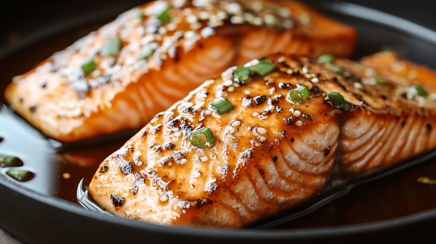 A perfectly pan-seared Honey Garlic Salmon fillet with a glistening glaze in a skillet.