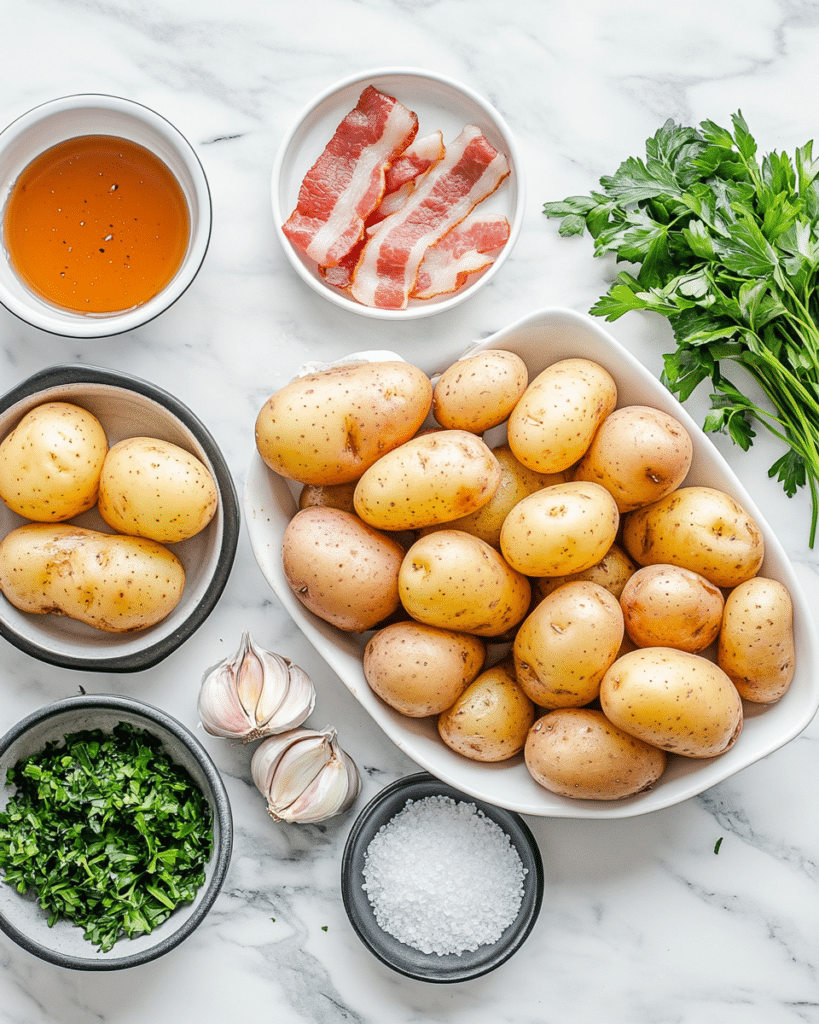 Ingredients for Honey Bacon Roasted Potatoes, including potatoes, bacon, and honey.