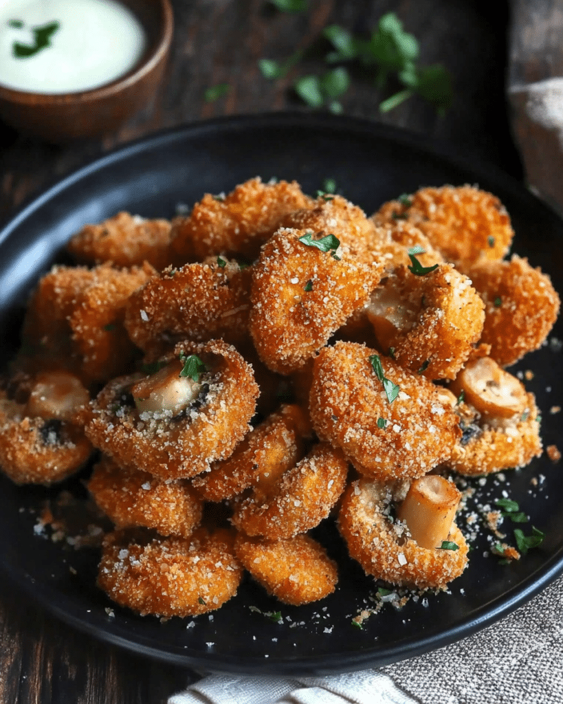 Dredging the mushrooms in the batter and panko breadcrumbs for Perfect Fried Mushrooms.