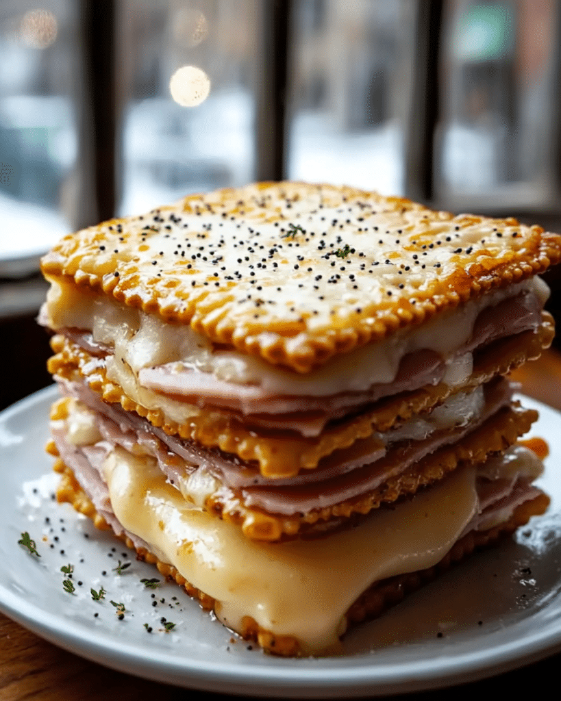 Ingredients for Ham and Swiss Cracker Melts, including Ritz crackers, ham, Swiss cheese, and butter.