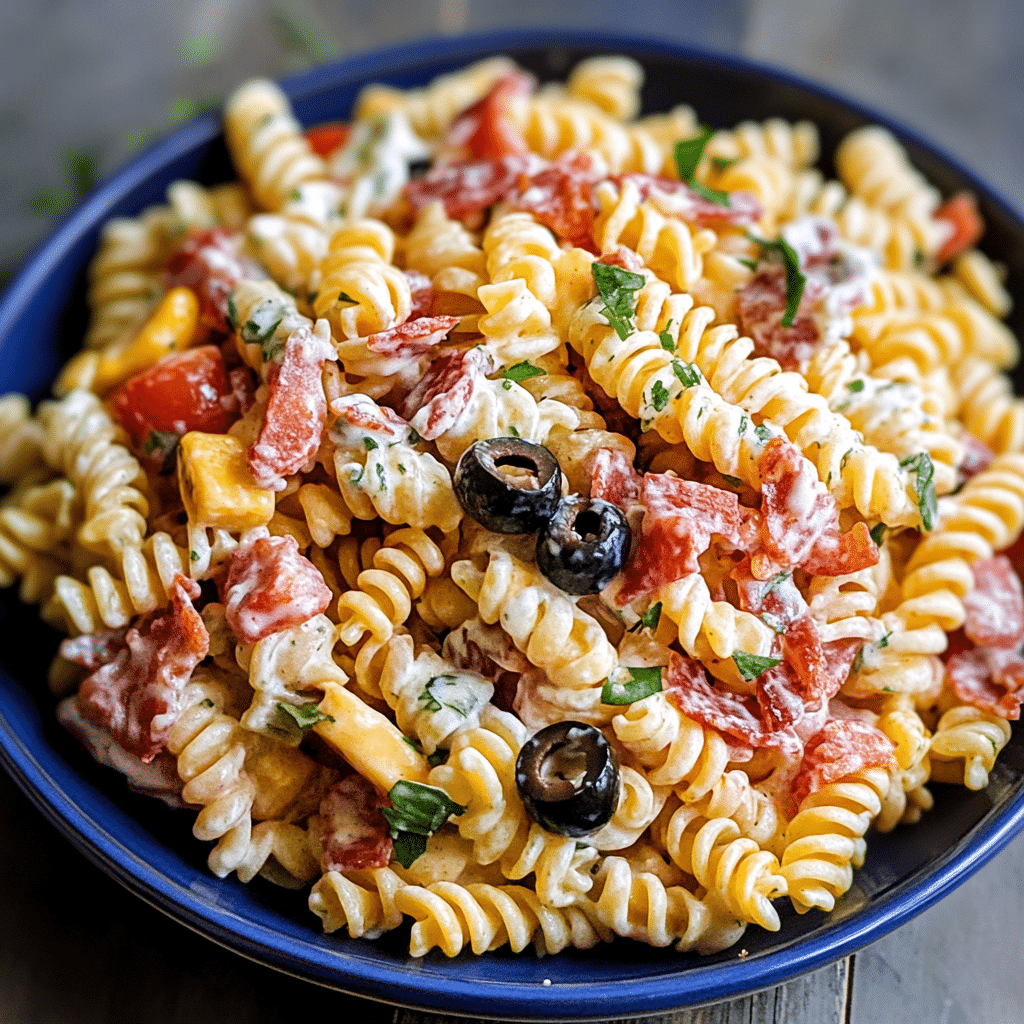 Tossing the pasta salad ingredients with the dressing for Bacon Ranch Pasta Salad.