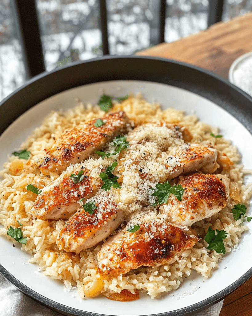 A serving of One-Pan Garlic Parmesan Chicken and Rice on a plate.