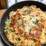 Cooking the chicken tenders in the skillet for One-Pan Garlic Parmesan Chicken and Rice.