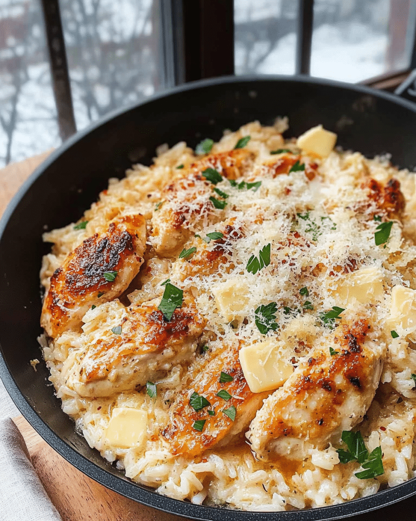 Ingredients for One-Pan Garlic Parmesan Chicken and Rice, including chicken, rice, Parmesan, garlic, and broth.