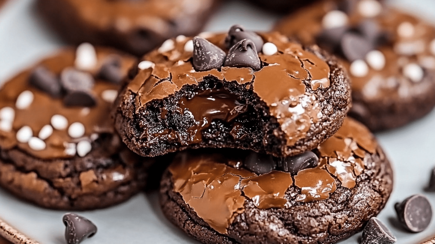 A stack of Salted Brownie Cookies, showing their fudgy texture and crackly tops.