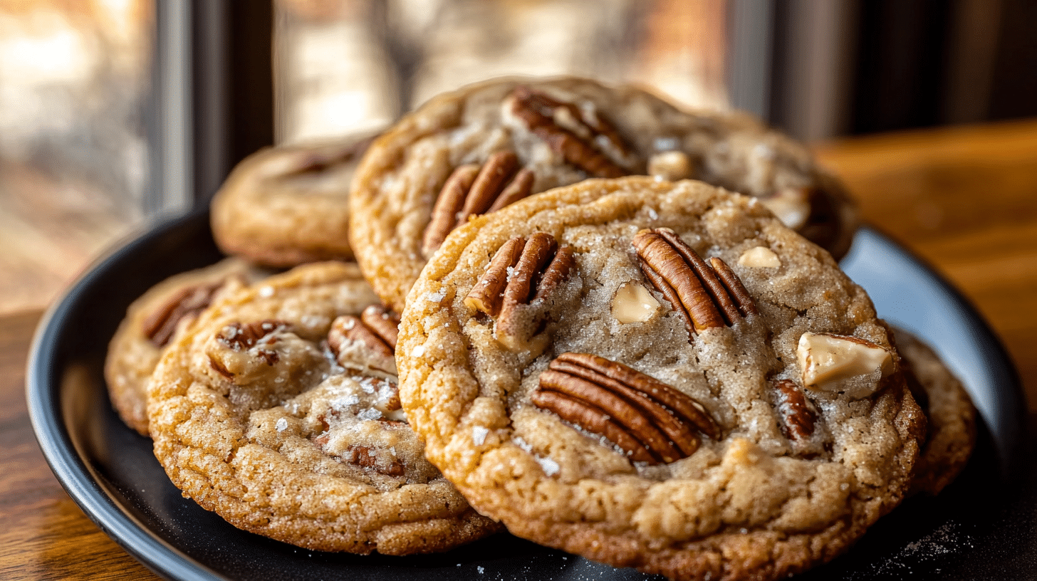 A stack of golden-brown Brown Butter Pecan Cookies, showing their chewy texture and toasted pecans.