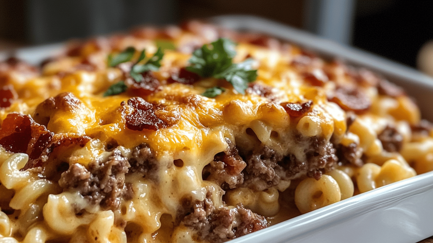 Golden-brown and bubbly Baked Bacon Cheeseburger Mac and Cheese in a baking dish.