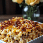 A serving of Baked Bacon Cheeseburger Mac and Cheese on a plate.