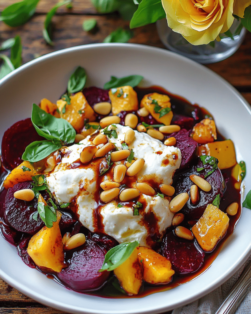 Close-up of Beet and Burrata Salad, showing the creamy burrata and roasted beets.