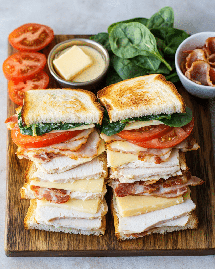 Ingredients for Turkey Melt with Cheddar, Spinach, and Bacon, including bread, turkey, cheese, spinach, and bacon.