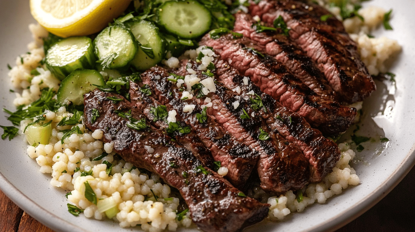 Sliced Grilled Skirt Steak with Lemon Herb Couscous Salad on a plate.