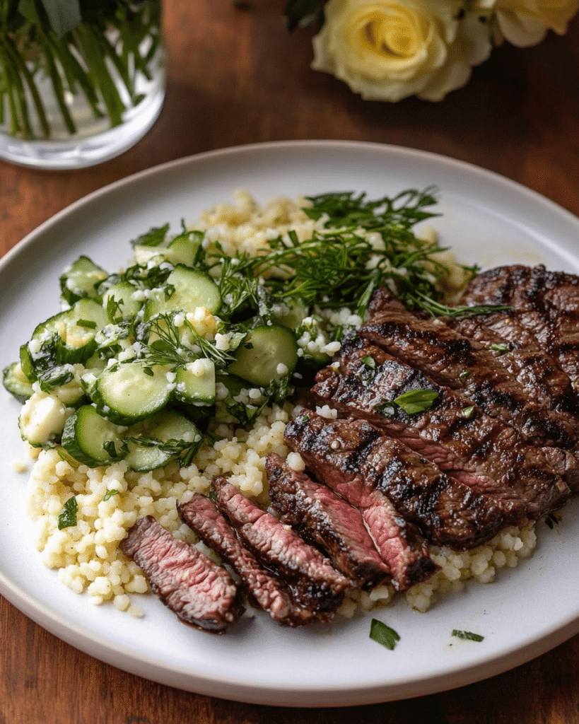A close-up of Grilled Skirt Steak with Lemon Herb Couscous Salad, showing the tender steak and vibrant salad.