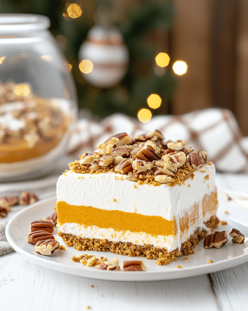 Spreading the cream cheese layer over the graham cracker crust for Pumpkin Delight.