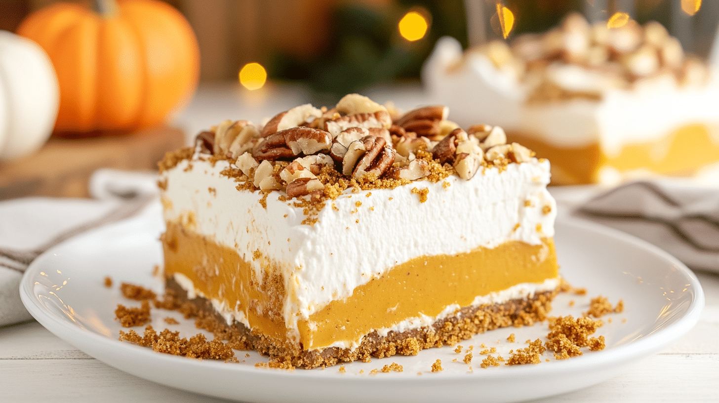 A beautiful layered Pumpkin Delight in a glass dish, showing the crust, cheesecake, pumpkin, and Cool Whip layers.