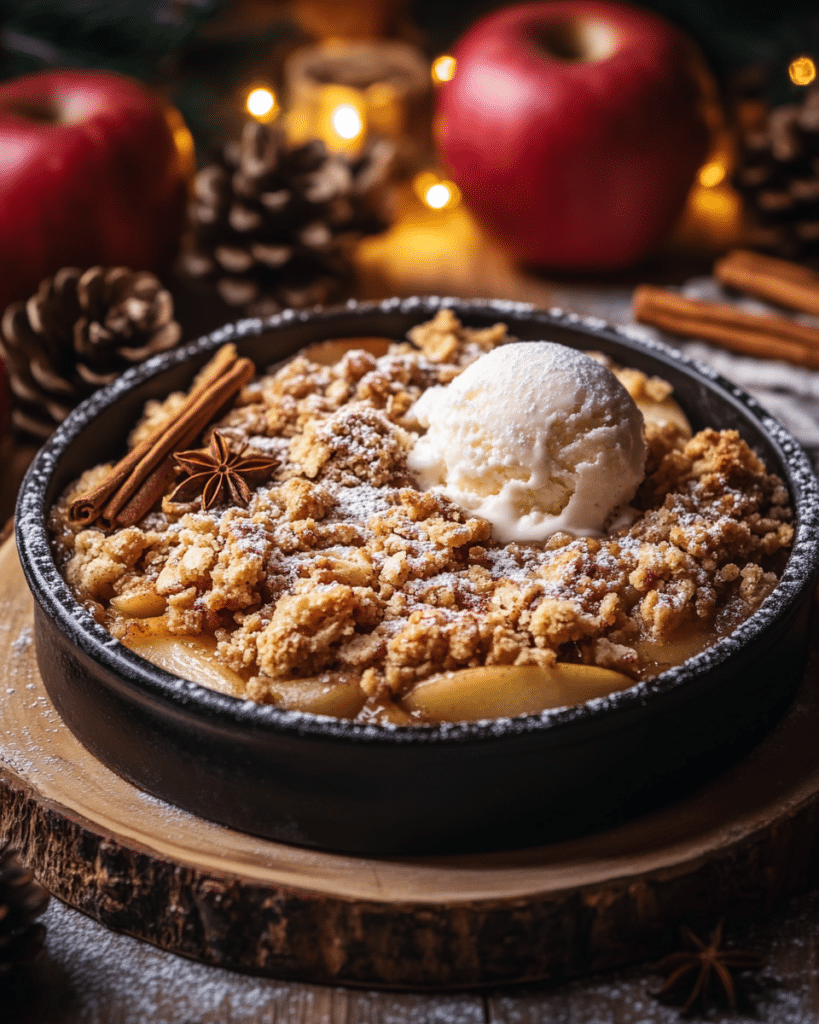 A serving of Pumpkin Crisp with a scoop of vanilla ice cream.