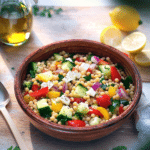 Tossing the salad ingredients with the dressing for Greek Couscous Salad.