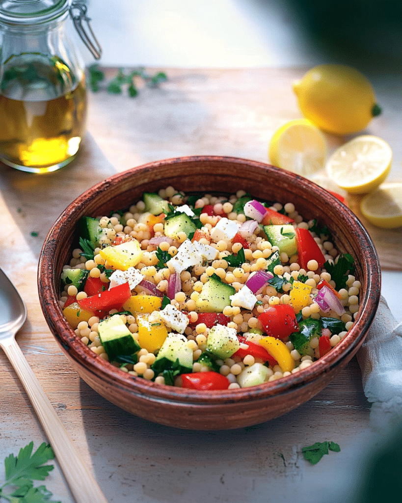 Tossing the salad ingredients with the dressing for Greek Couscous Salad.