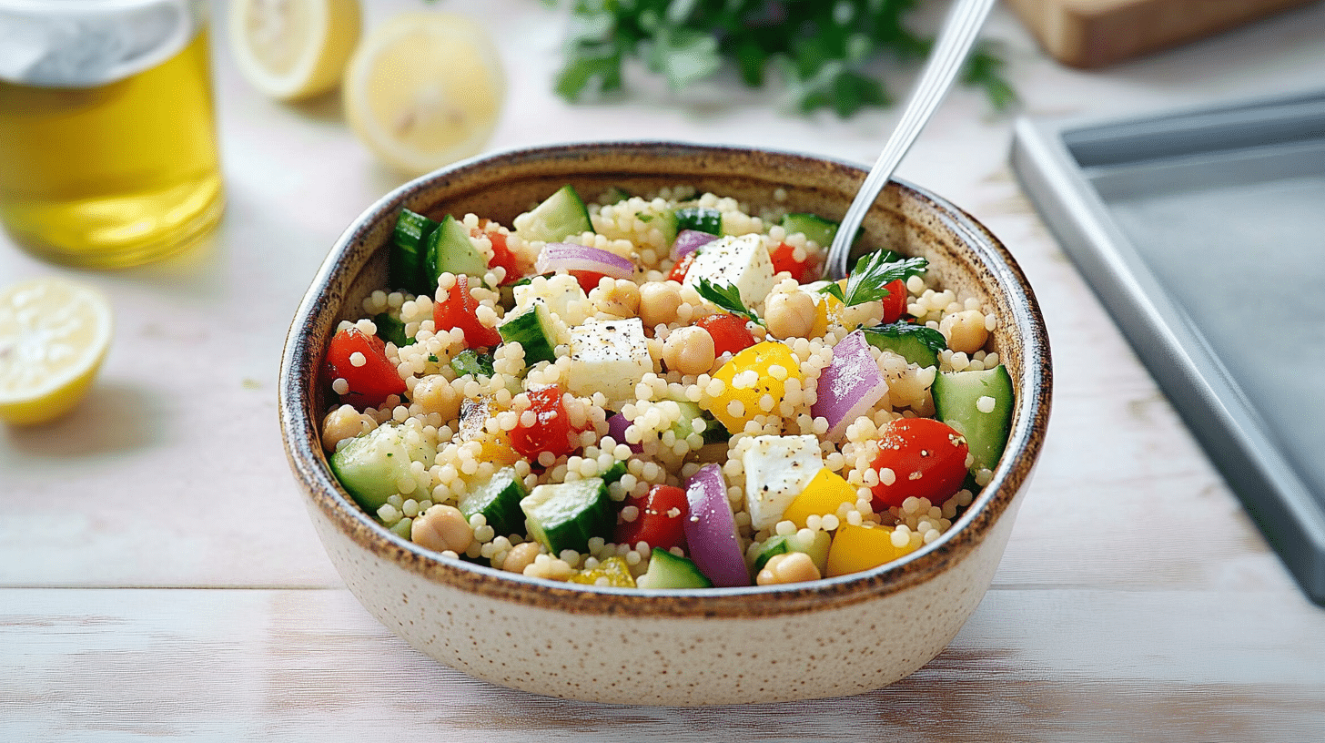 A colorful bowl of Greek Couscous Salad, showing the couscous, vegetables, chickpeas, and feta cheese.