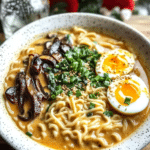 A close-up of Spicy Coconut Curry Ramen, showing the creamy broth and flavorful toppings.