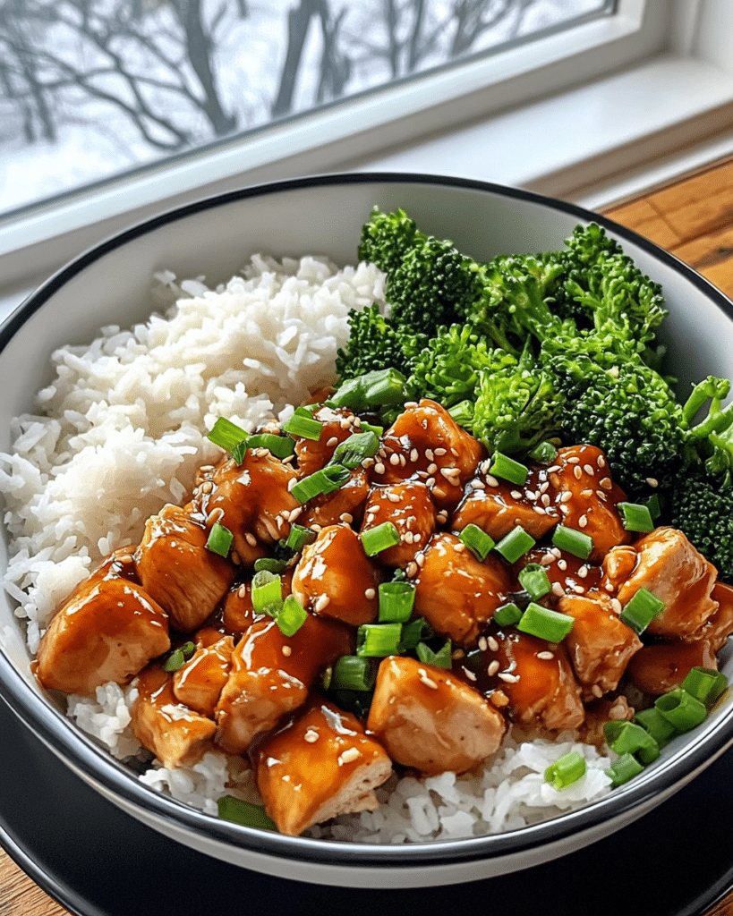 Ingredients for Teriyaki Chicken Rice Bowl, including chicken, soy sauce, and honey.