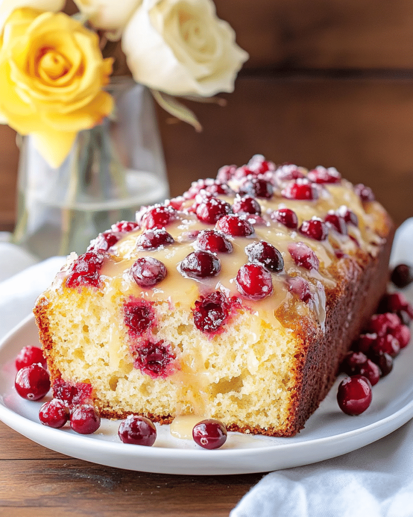 A slice of Cranberry Orange Bread on a plate, ready to be enjoyed.