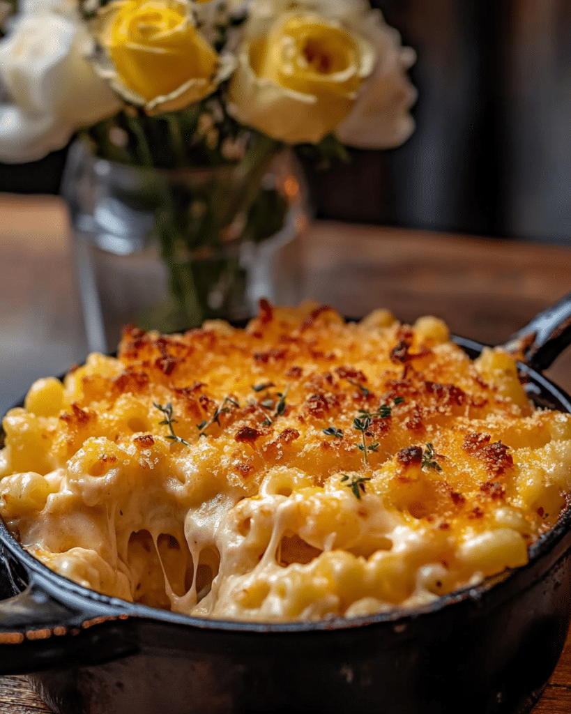 A serving of Good Ole Fashioned Mac and Cheese on a plate.