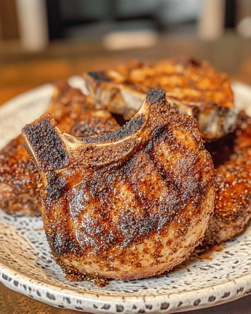  Ultimate Pork Chops served with mashed potatoes and vegetables.