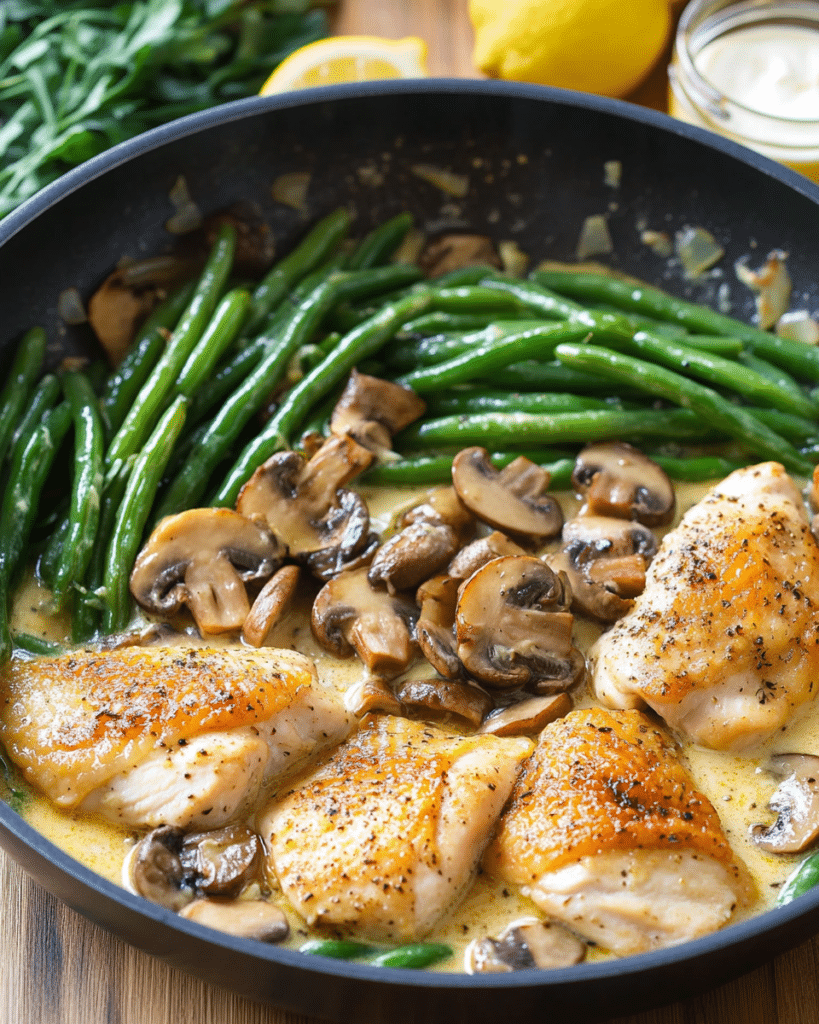 Cooking the chicken and vegetables in a skillet for One-Skillet Chicken with Green Beans and Mushrooms.