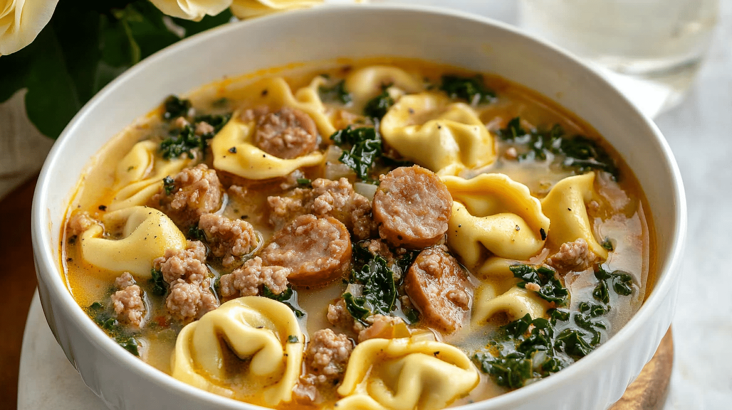 A steaming bowl of hearty Sausage Tortellini Soup, garnished with fresh herbs.