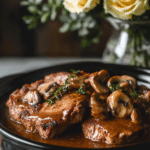 A plate of Crockpot Pork Chops with a side of mashed potatoes.
