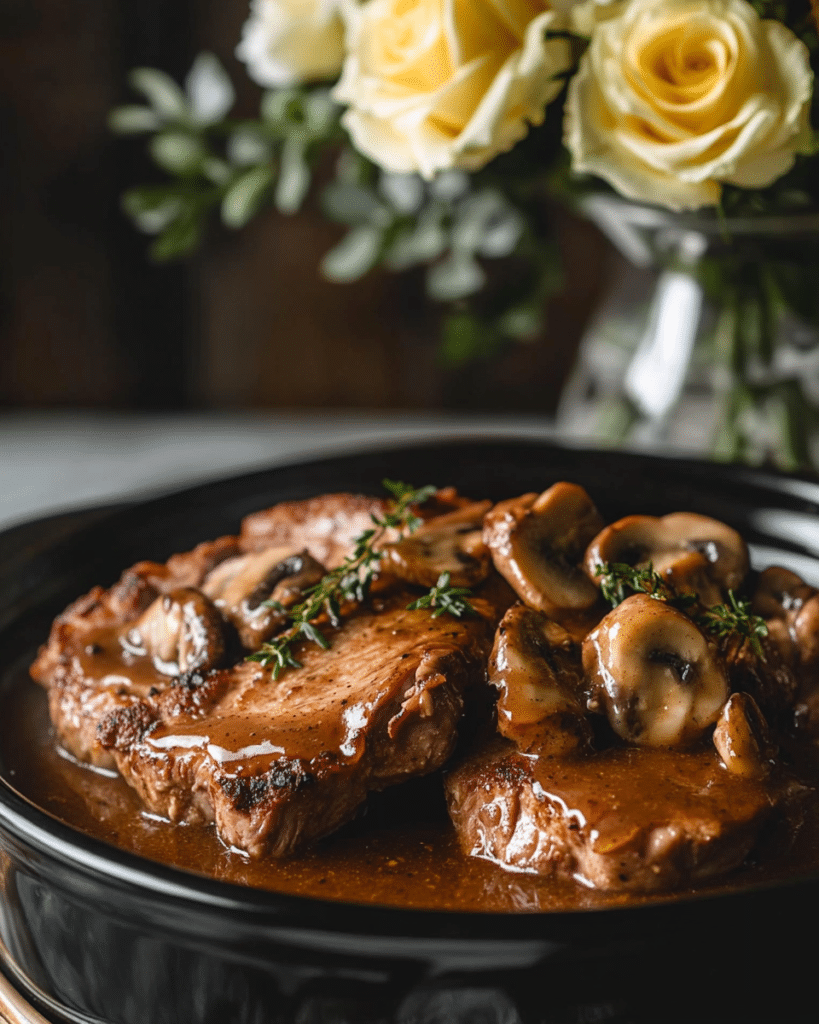 A plate of Crockpot Pork Chops with a side of mashed potatoes.