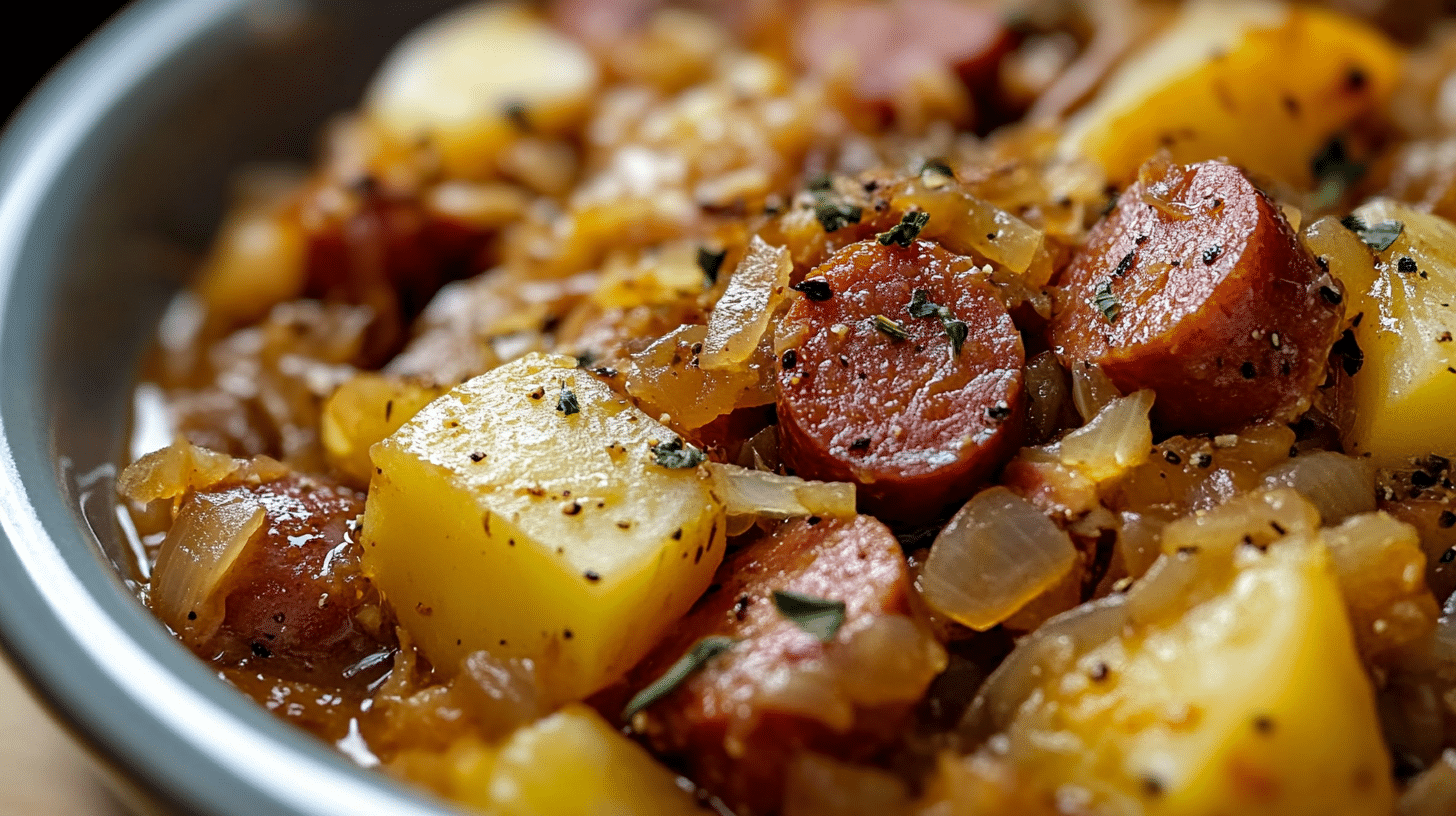 A hearty and flavorful bowl of Slow Cooker Kielbasa with Sauerkraut and Potatoes.