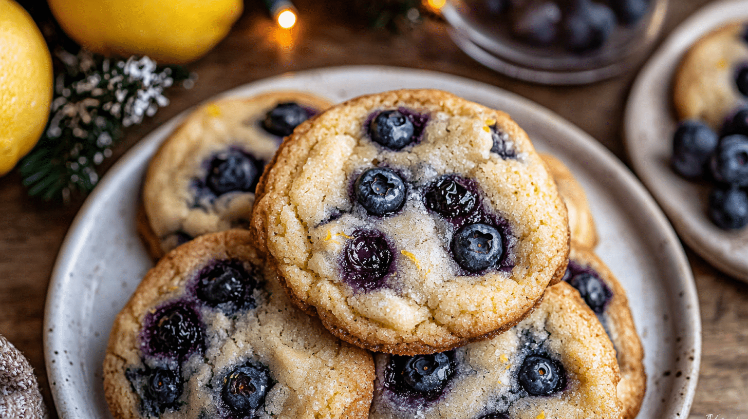 Soft and chewy Lemon Blueberry Cookies on a cooling rack.