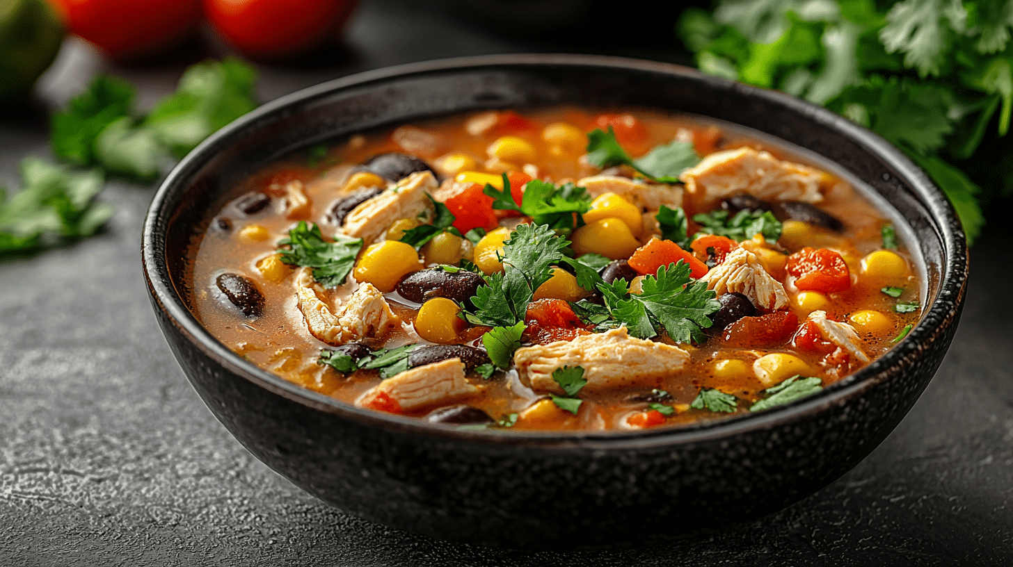 A steaming bowl of creamy and cheesy Creamy Chicken Enchilada Soup, garnished with toppings.
