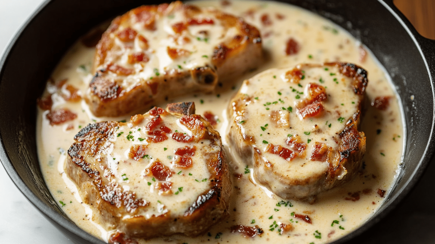 Tender Creamy Bacon Pork Chops in a skillet, with a rich and creamy sauce.