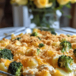 A serving of Baked Potato Chicken and Broccoli Casserole on a plate.