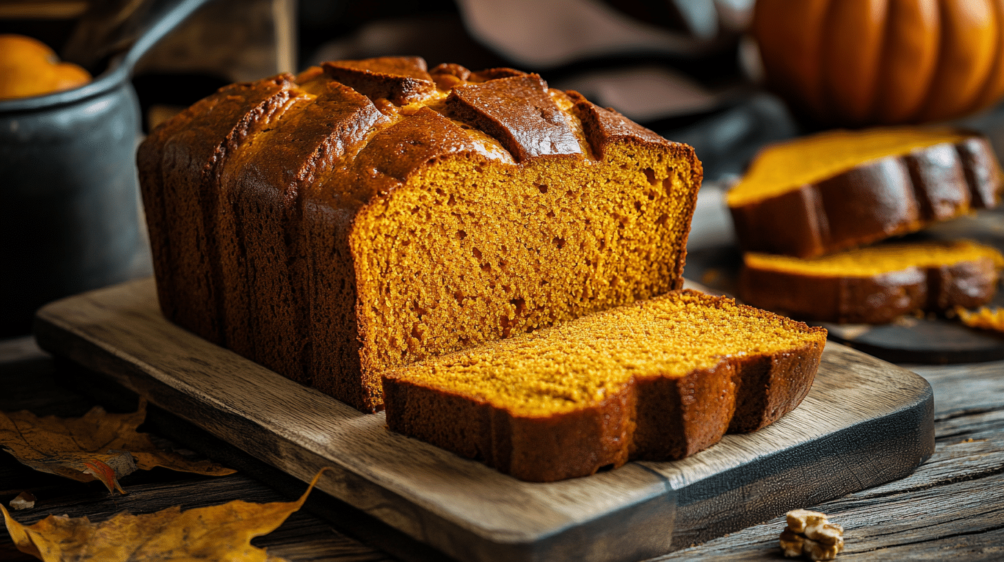 A loaf of golden-brown World's Best Pumpkin Bread, sliced to show the moist interior.