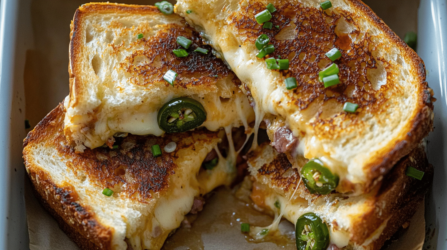 A golden-brown and cheesy Roasted Jalapeño Popper Grilled Cheese cut in half, showing the filling.