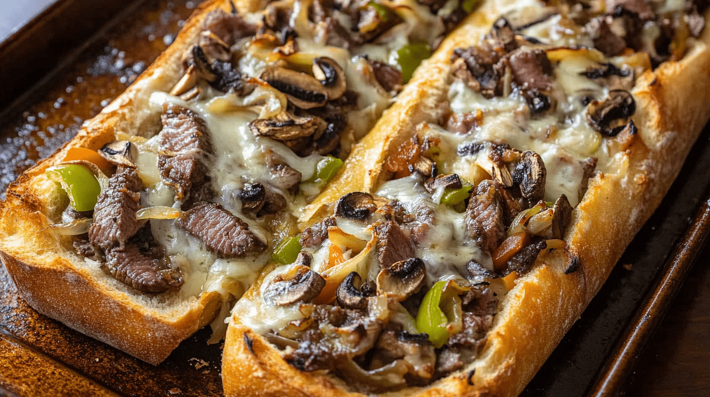 Golden-brown and cheesy Philly Cheesesteak Cheesy Bread on a cutting board.