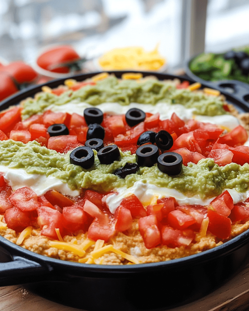 Ingredients for American Flag Layered Taco Dip, including refried beans, guacamole, sour cream, tomatoes, cheese, and olives.