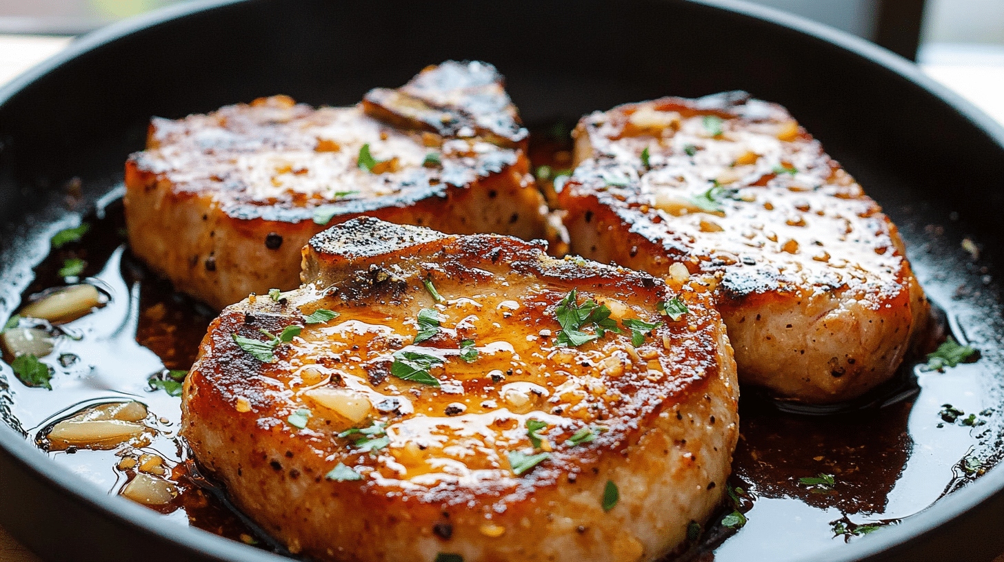 Golden-brown Pan-Seared Boneless Pork Chops with a glistening honey garlic sauce, garnished with parsley.