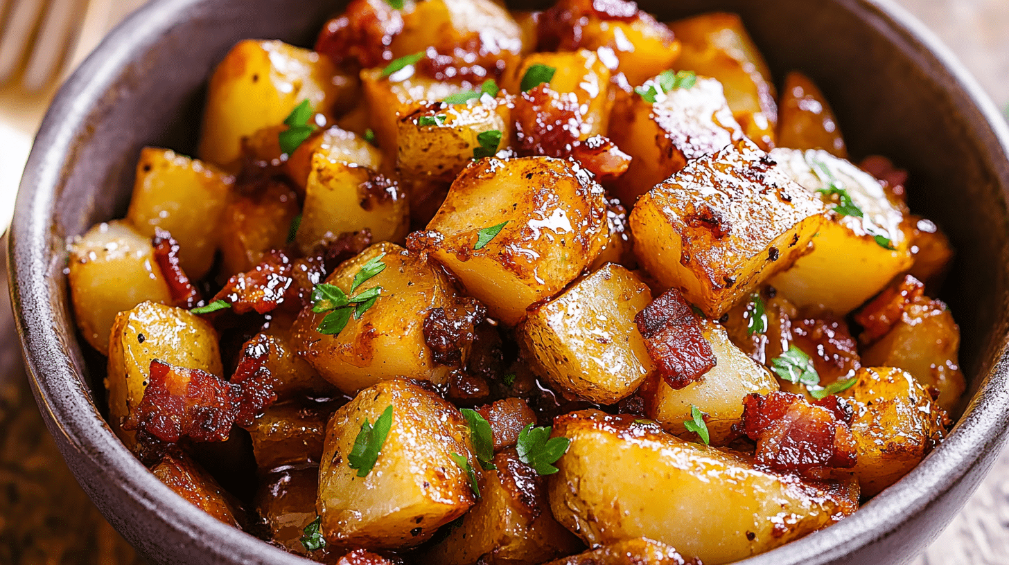 Crispy Honey Bacon Roasted Potatoes garnished with parsley.
